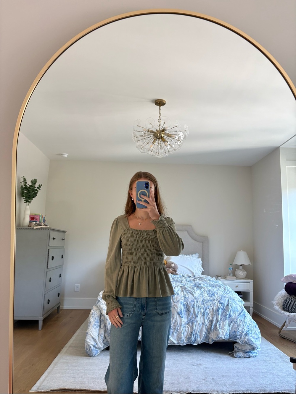 Altar'd State Olive Green Smocked Square-Neck Peplum Top